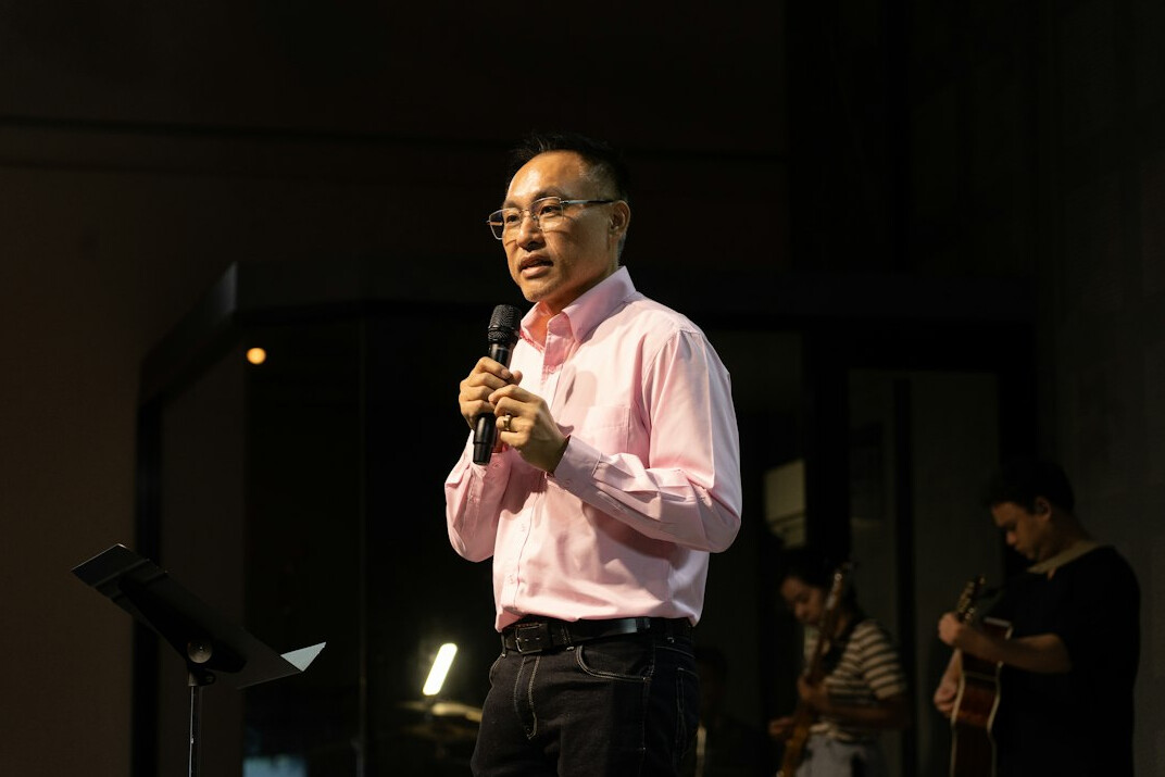 man practicing public speaking